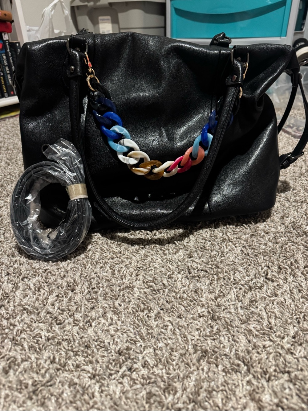 WINSASI Black Women’s Tote Bag with Multicolor Chain Accent